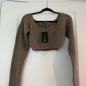 Fashion Nova Ribbed V-Neck Cropped Sweater Taupe
